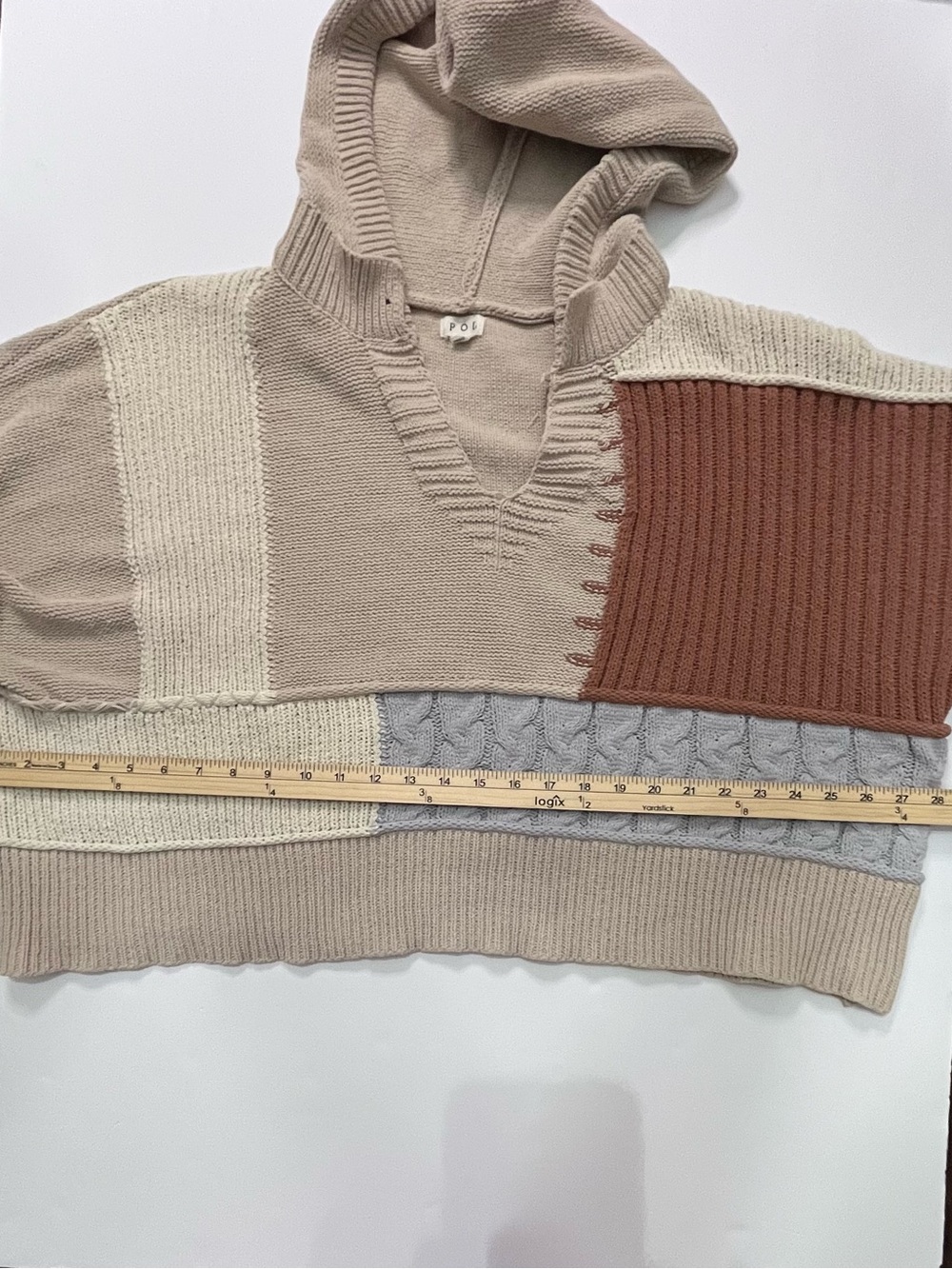 POL Patchwork Colorblock Oversized Hooded Knit Sweater L - Picture 9 of 9